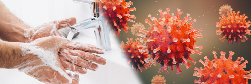 Left: someone washing their hands. Right: microscopic view of COVID-19 virus