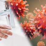 Left: someone washing their hands. Right: microscopic view of COVID-19 virus